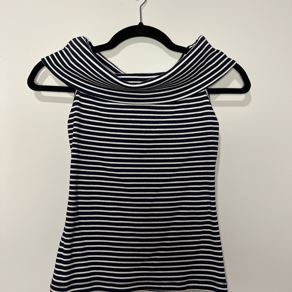 Loft Navy & White Striped Off-Shoulder Top